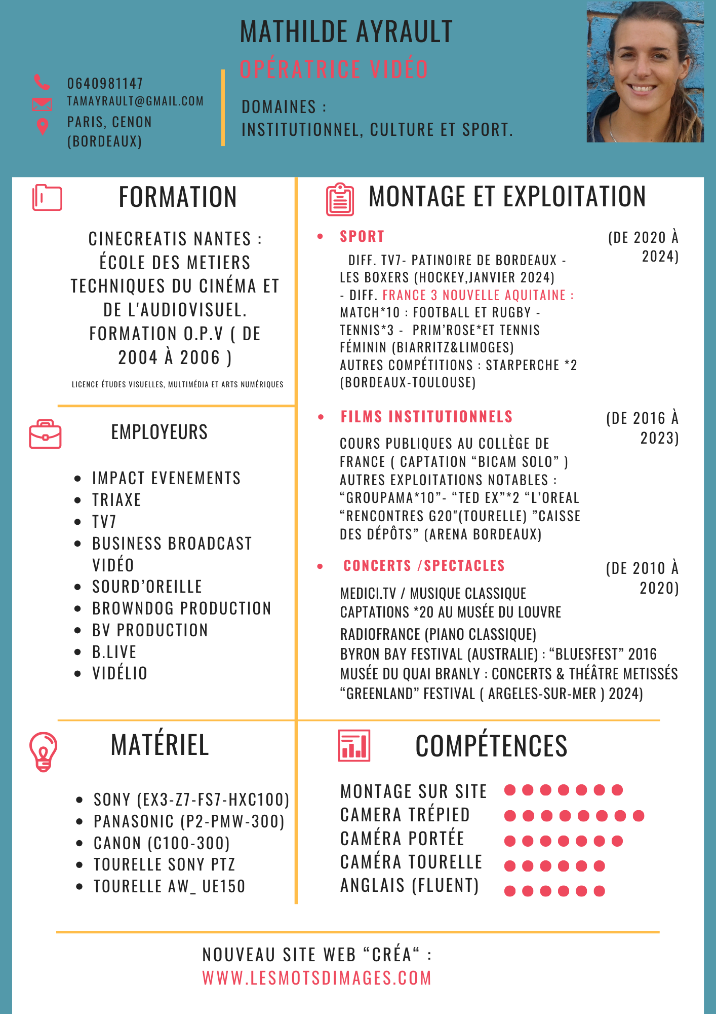 CV d'opératreur Vidéo dans le milieu événementiel. Mathilde Ayrault