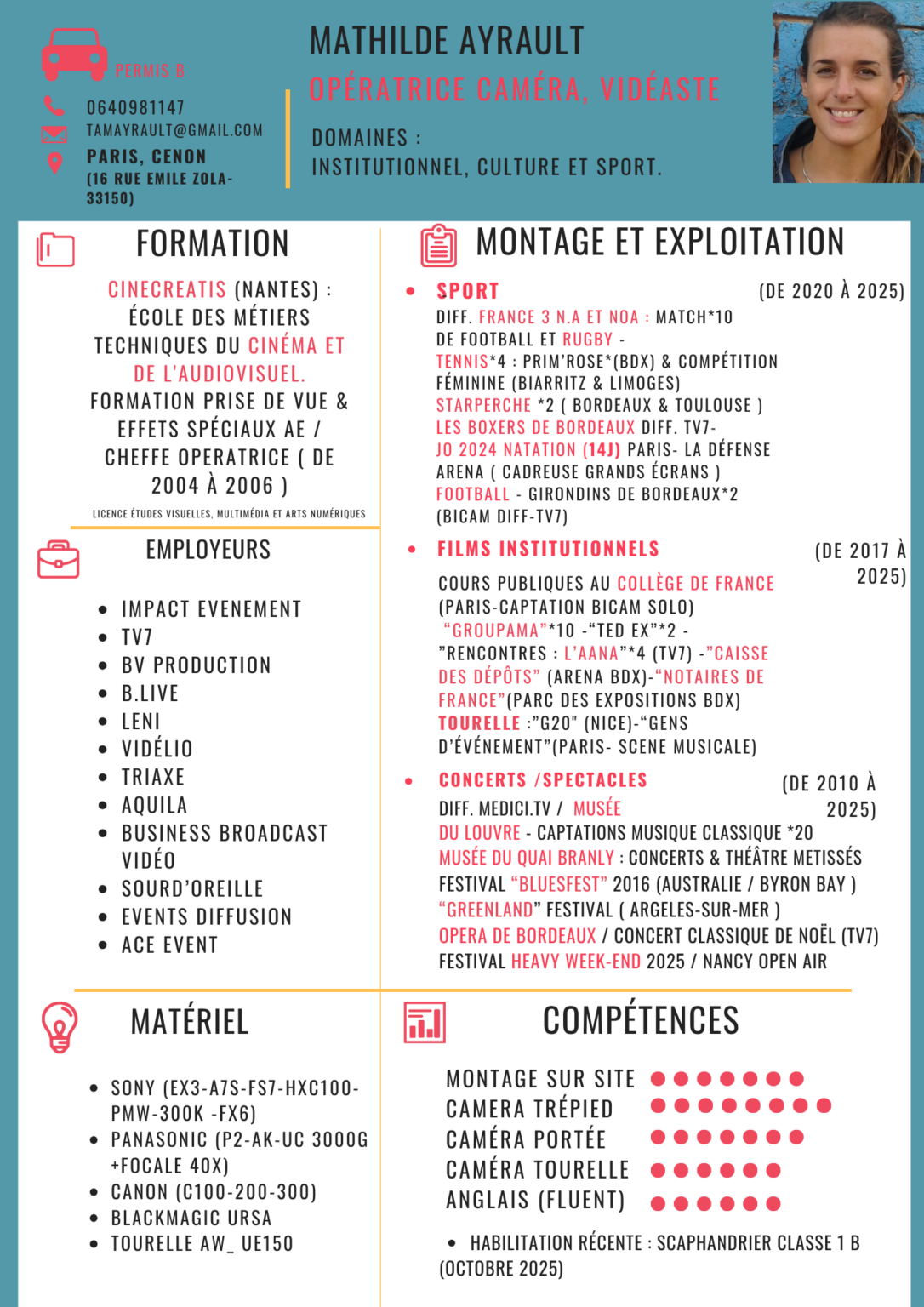 CV de mon travail ponctuel dans l'événementiel en tant que cadreuse et vidéaste tourelle.